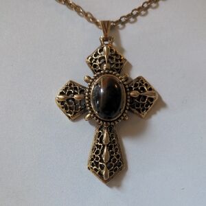 Vintage Ornate Cross Necklace Tiger Eye Centerpiece 18" Gold Tone Goth Boho